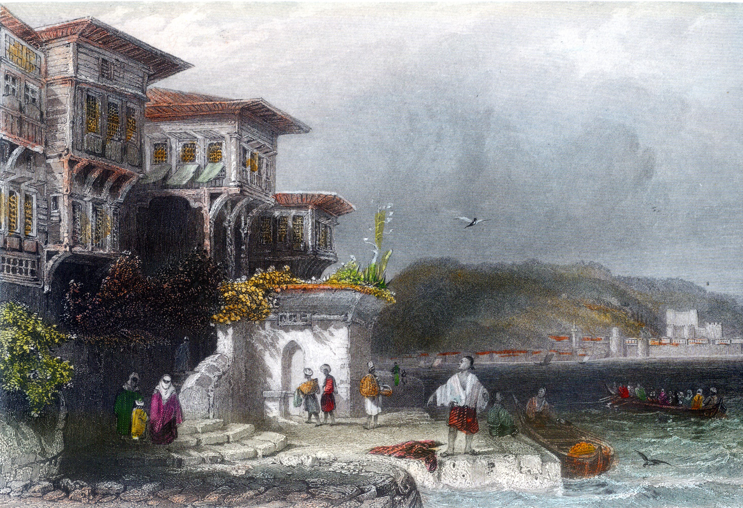 古い釈迦蓮花伊万里焼大鉢/手描色絵有田瀬戸唐津/洋画風日本画